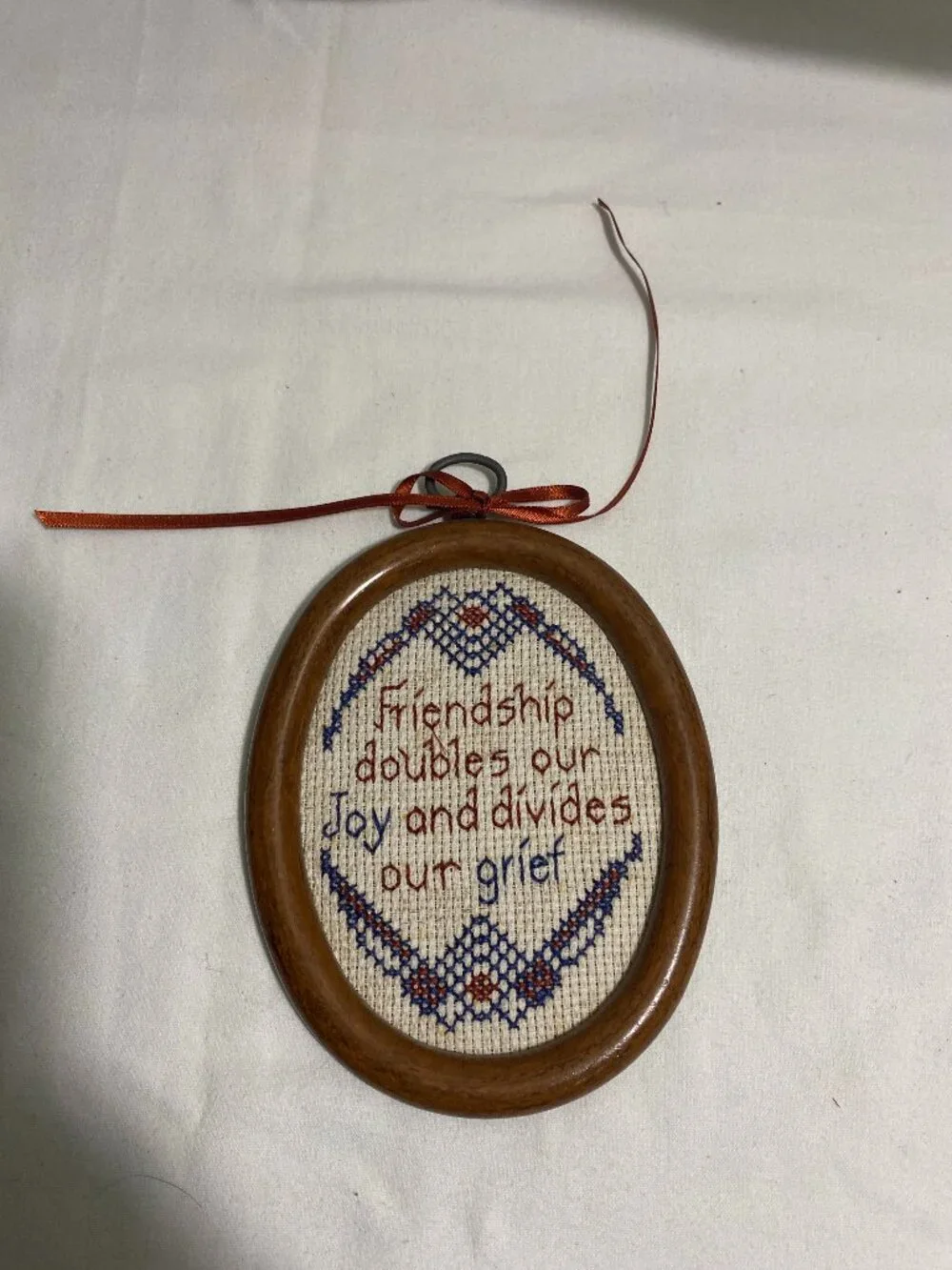 Vintage Framed Cross Stitch Friendship Wall Hanging Wooden Oval Frame Handmade